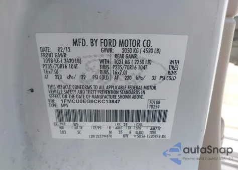 2012 Ford Escape Limited из США, поврежденный, VIN 1FMCU0EG9CKC13847